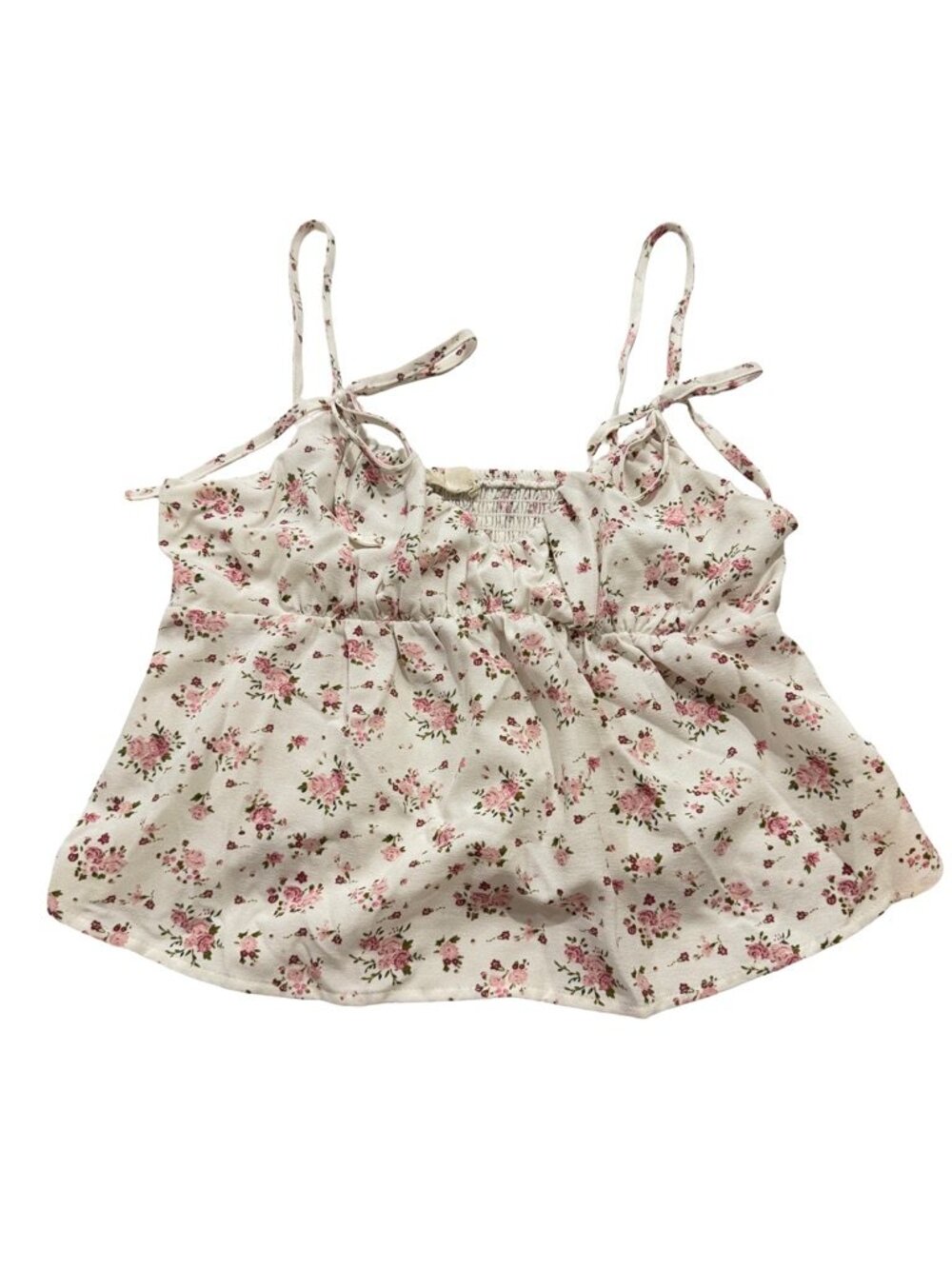 L.A. Hearts Ivory Pink Floral Smocked Tie Cami Top Blouse Shirt Small Women's